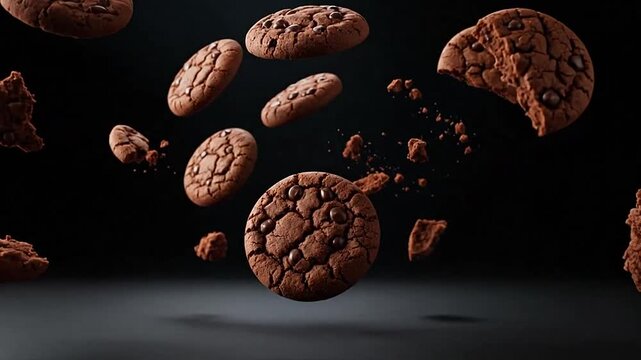 Delicious chocolate chip cookies floating against a dark background