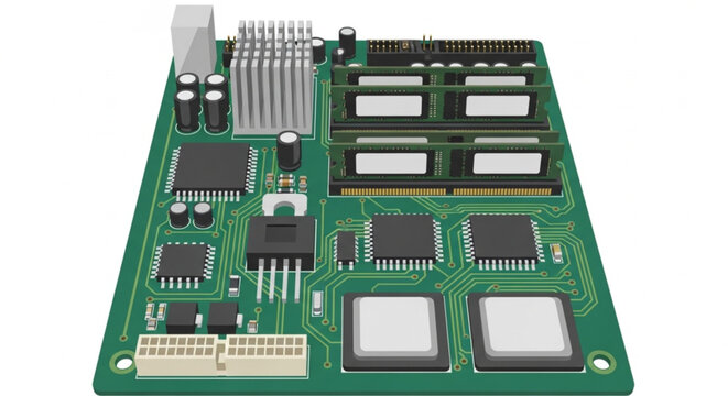 a green computer circuit board with chips and connectors showing electronic components for technology and hardware design
