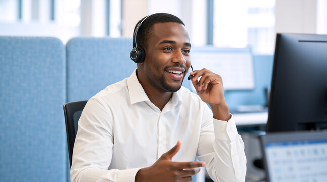 Smiling Black male customer service agent working in a call center. Professional support representative with headset talking to client in modern office