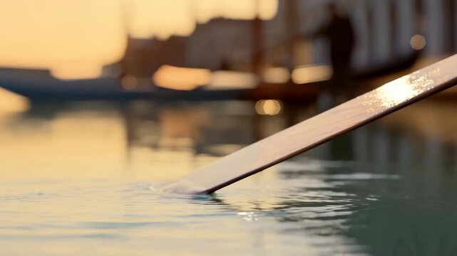 Wooden oar blade touching calm marina water during golden hour, creating gentle ripples, wet reflections, warm rim light, and serene nautical mood near dock, with oar, wood, wooden, water detail