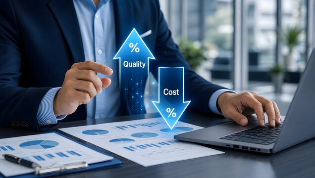 Professional analysis of business performance metrics showing increased quality and decreased cost.