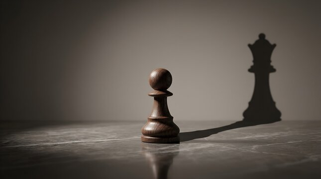 Wooden chess pawn casting queen shadow, ambition and leadership concept
