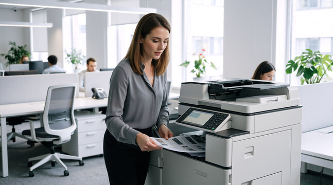 Businesswoman using printer in modern open plan office. Young female employee holding printed documents next to copy machine. Administrative work in corporate office
