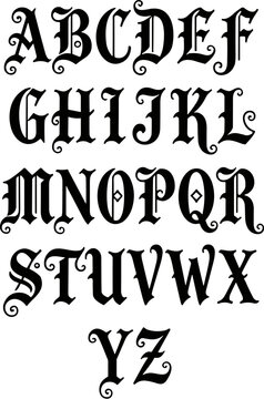 curly Gothic alphabet in black over white