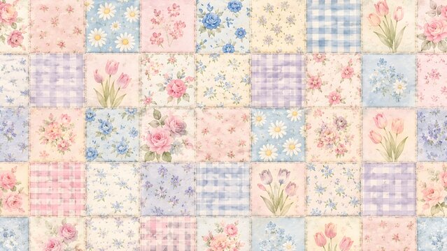 Seamless patchwork quilt pattern with vintage floral motifs, roses, tulips, daisies, and gingham checks in soft pastel colors, cottagecore aesthetic
