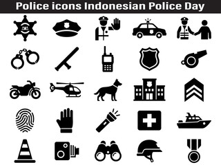 Indonesian Police Day Line Icons Set – Law Enforcement, Public Safety, Police Service Outline Vector Collection © Top Stock