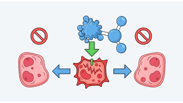 Medical Biology Diagram of cell mutation and viral interaction with arrows and prohibition symbols ideal for educational materials and scientific presentations.