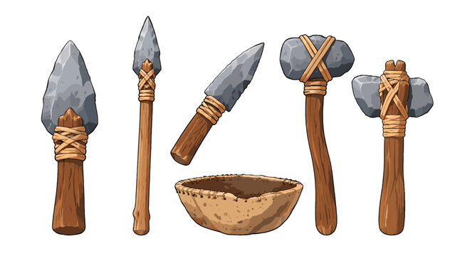 Hand drawn prehistoric stone tools and primitive bowl set