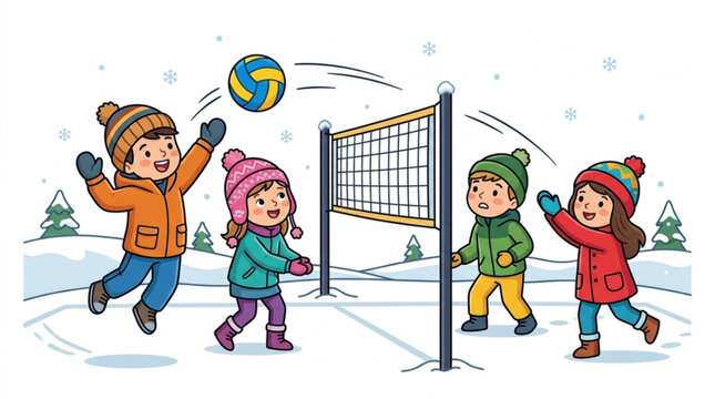 Children Playing Volleyball in Snowy Winter Landscape with Trees and Snowflakes