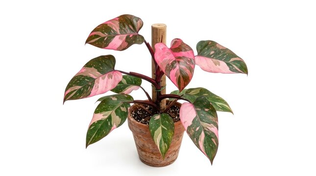 A pink and green Philodendron plant with a wooden pot on a white background.