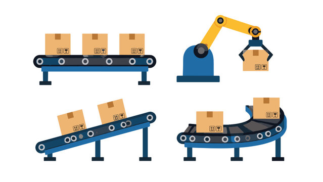 Warehouse conveyor belts and robotic arm with cardboard boxes