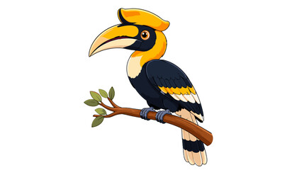 Yellow and black hornbill perched on tree branch illustration © Artstock