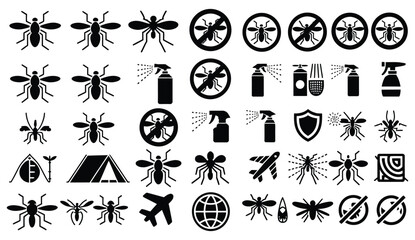 Mosquito Control Icons Featuring Insect Protection, Bug Spray, Repellents, Camping Tent, Warning Signs, and Shield Symbols ©  