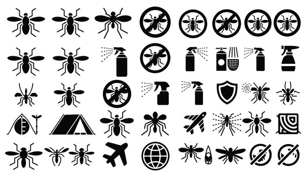 Mosquito Control Icons Featuring Insect Protection, Bug Spray, Repellents, Camping Tent, Warning Signs, and Shield Symbols