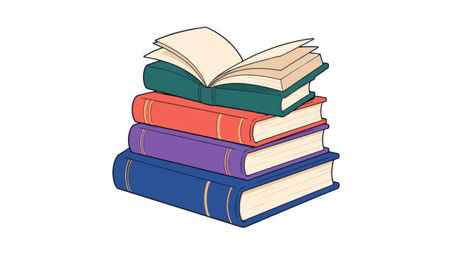 Stack of colorful books with an open book on top