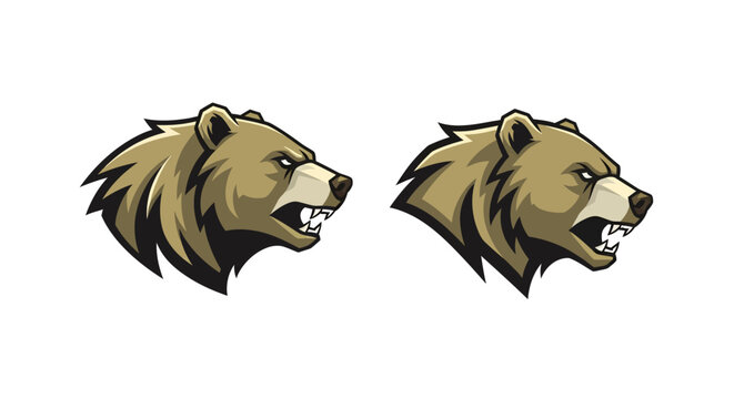 Fierce Brown Bear Head Illustration Pair.