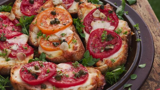 Grilled sourdough bread sandwiches with cheese, tomatoes, capers and garlic sprinkled with aromatic herbs, close-up view