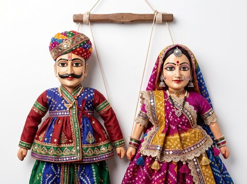 Colorful Traditional Rajasthani Kathputli Puppets Isolated on White Background