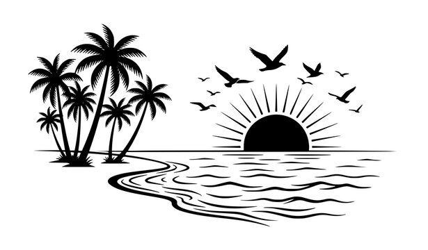 Tropical sunset silhouette with palm trees and flying birds