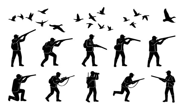 Duck hunting silhouettes collection hunters aiming with shotguns and flying ducks