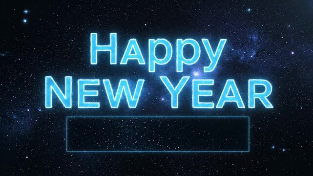 Happy New Year glowing text in blue space with stars