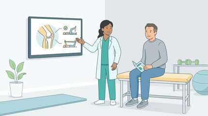 Obraz premium Doctor explaining knee anatomy and exercises to patient in clinic