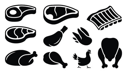Raw meat and fresh poultry cuts collection featuring t-bone steak pork loin ribs chicken wings whole turkey and breast vector silhouette icons for butcher shops ©  