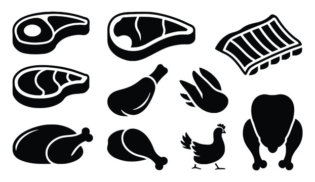 Raw meat and fresh poultry cuts collection featuring t-bone steak pork loin ribs chicken wings whole turkey and breast vector silhouette icons for butcher shops