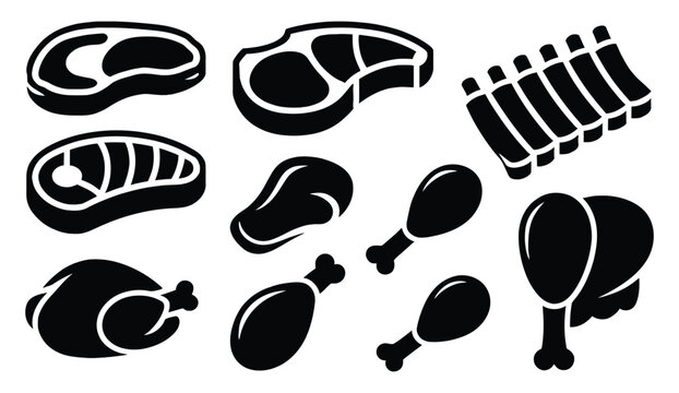 Raw meat and fresh poultry cuts collection featuring t-bone steak pork loin ribs chicken wings whole turkey and breast vector silhouette icons for butcher shops