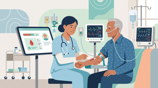 Nurse checking elderly patient's vitals and blood sample in clinic