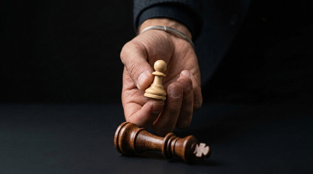 Close up of hand holding a white pawn chess piece over a fallen black king, concept of victory and checkmate