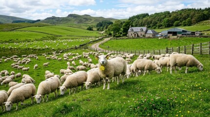 Fototapeta premium Sheep grazing in a green field with a farm in the background.