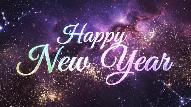 Happy New Year text in colorful glitter on cosmic starry background