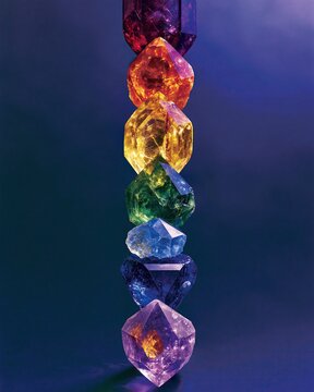 Stacked vertical seven natural rough cut multicolor crystals with each chakra aligned rainbow colors on dark blue background shows crystal healing spiritual concept