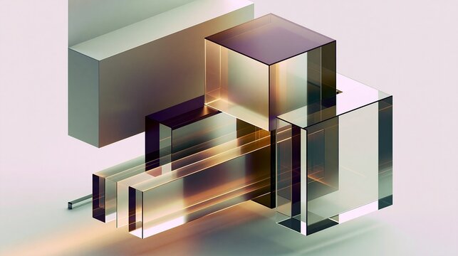 Overlapping translucent gradient golden brown and pale green glass rectangles and cubes arranged on soft pale neutral background creates modern minimalist abstract 3d geometric design