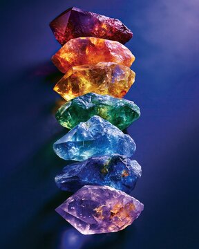 Seven stacked natural rough-cut rainbow-colored chakra crystals aligned vertically on dark blue background shows crystal healing and spiritual wellness concept