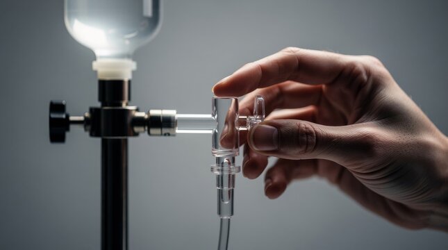 Close up of a hand adjusting a laboratory titration burette.