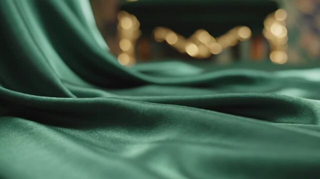 Luxurious emerald green silk draping with bokeh lights background