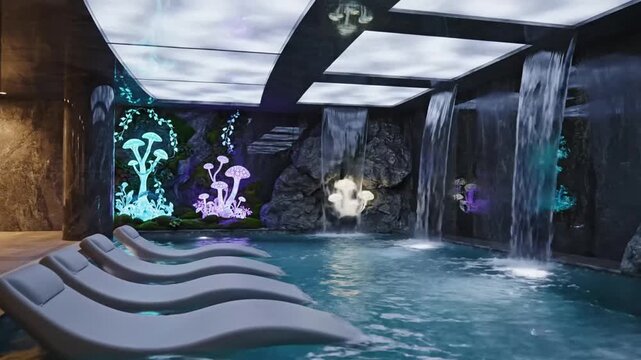 Indoor swimming pool with fantasy glowing mushrooms and waterfalls