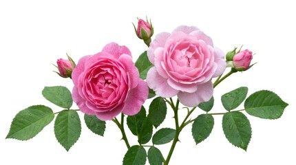 Fototapeta premium Two pink roses with green leaves on a white background.