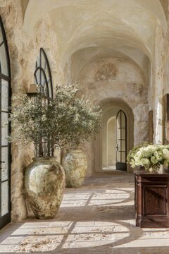 Classical European estate hallway featuring warm limestone walls, large decorative vases with greenery, and elegant wooden furniture in a well-lit interior space