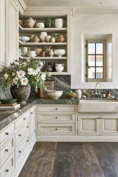 Classical European estate scullery featuring warm cream cabinetry, marble countertops, decorative pottery, and a large window with natural light illuminating the space