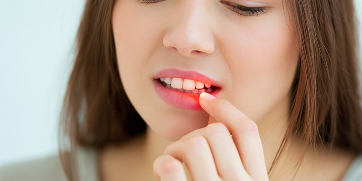 Young woman examining bleeding gums close up photo with shallow depth of field gingivitis dental