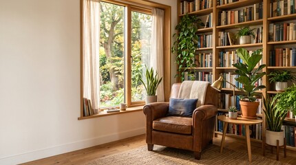 Fototapeta premium Cozy Reading Corner with Natural Light and Large Copy Space