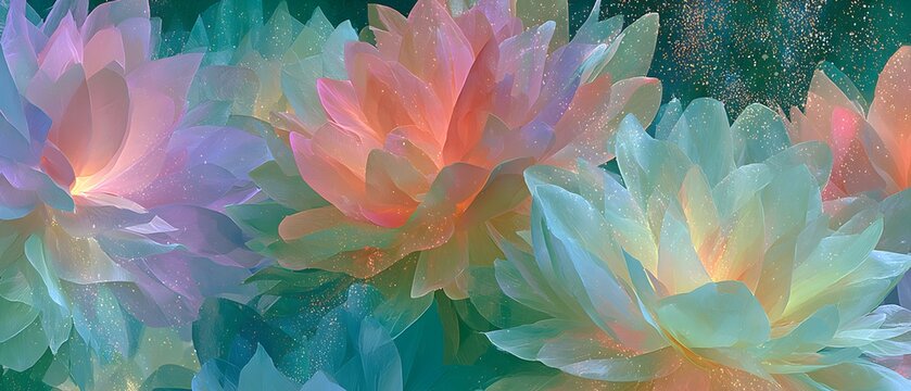 パステルカラーに発光する幻想的な蓮の花のファンタジー背景