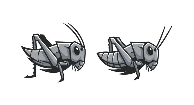 Two cartoon grasshoppers with long antennae and legs.