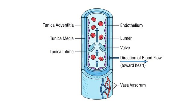 Medical illustration showing blood vessel anatomy with tunica layers and valve structure.