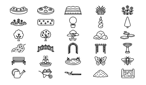 Collection of garden design elements yard landscaping and home gardening line icons set