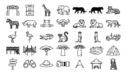 Collection of safari zoo wild animals national park and adventure outline elements © MDSUJON