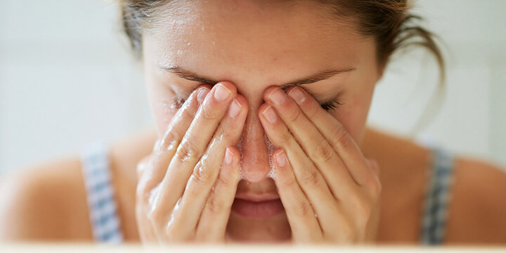 Young woman washing face with lather close up portrait in bathroom setting adult female facial